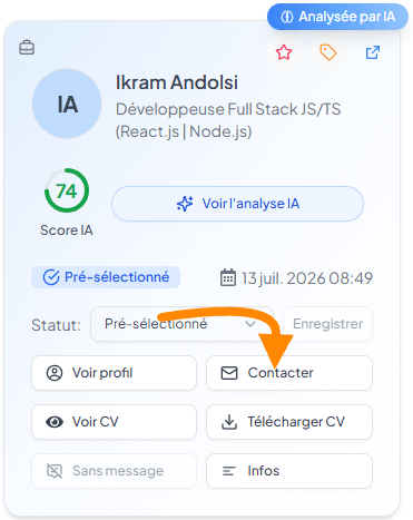 Bouton « Contacter » sur la carte de candidature de Ikram Andolsi