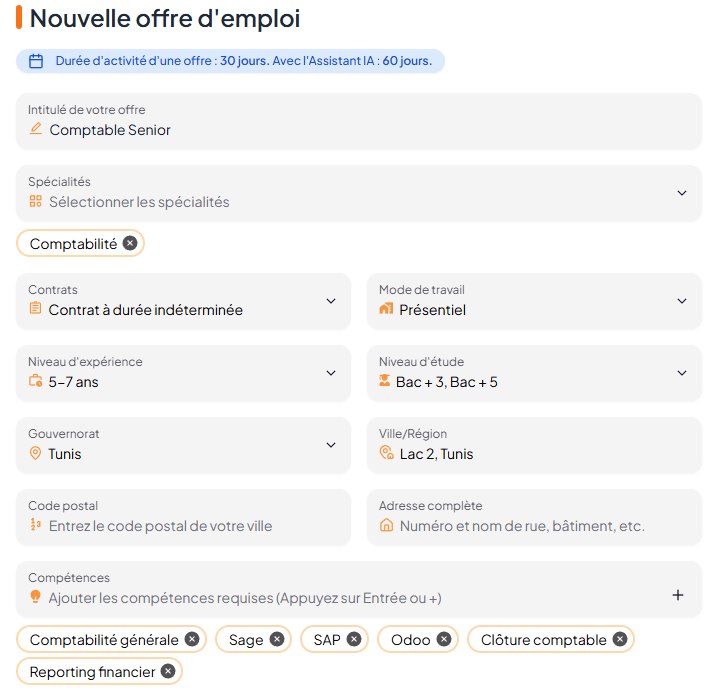 Champs du formulaire d'offre pré-remplis par l'IA
