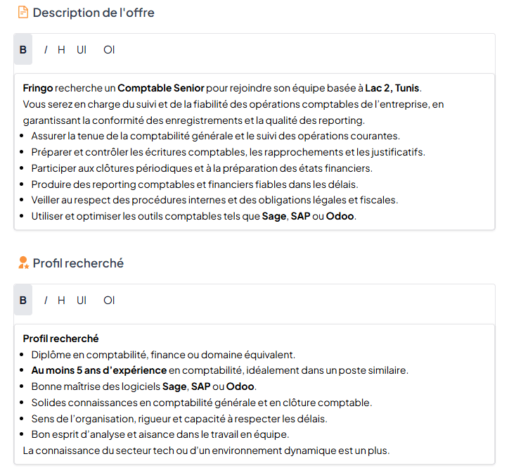 Description de l'offre et profil recherché rédigés par l'IA