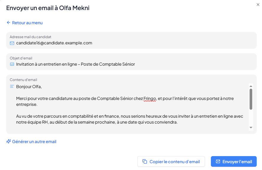 Email généré par l'IA, prêt à être ajusté et envoyé