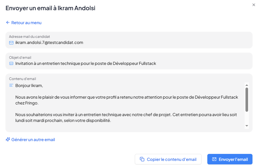 Email d'invitation à un entretien technique généré par l'IA