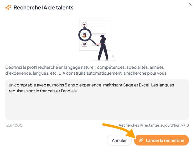 Description du profil recherché saisie en langage naturel dans la Recherche IA de talents