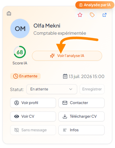 Carte de la candidature d'Olfa Mekni avec son score IA