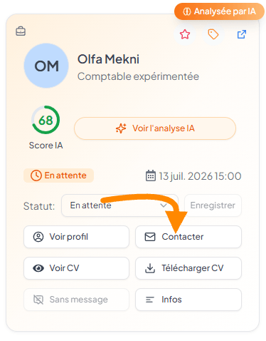 Bouton « Contacter » sur la carte de candidature d'Olfa Mekni